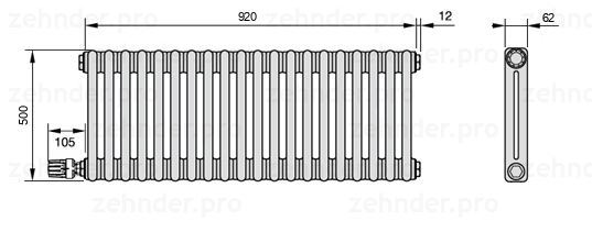 Схема (чертеж) Радиатор Zehnder Charleston 2050/20 №V003 Белый глянцевый RAL 9016